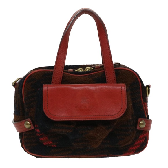 BURBERRY Blue Label Hand Bag Wool Leather 2way Red Black Auth ti771 - Picture 13 of 16